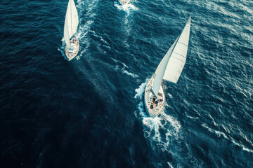 Two sailboats navigating through deep blue waters under clear skies.