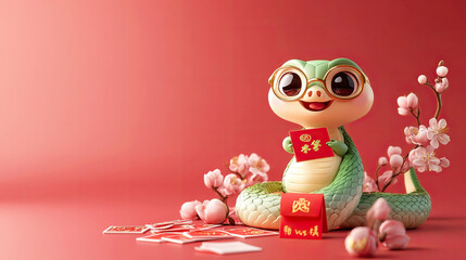 Obraz premium Cute little snake, red background, Chinese New Year