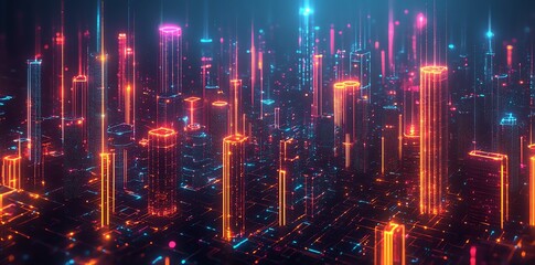 Futuristic city skyline with glowing neon lights.