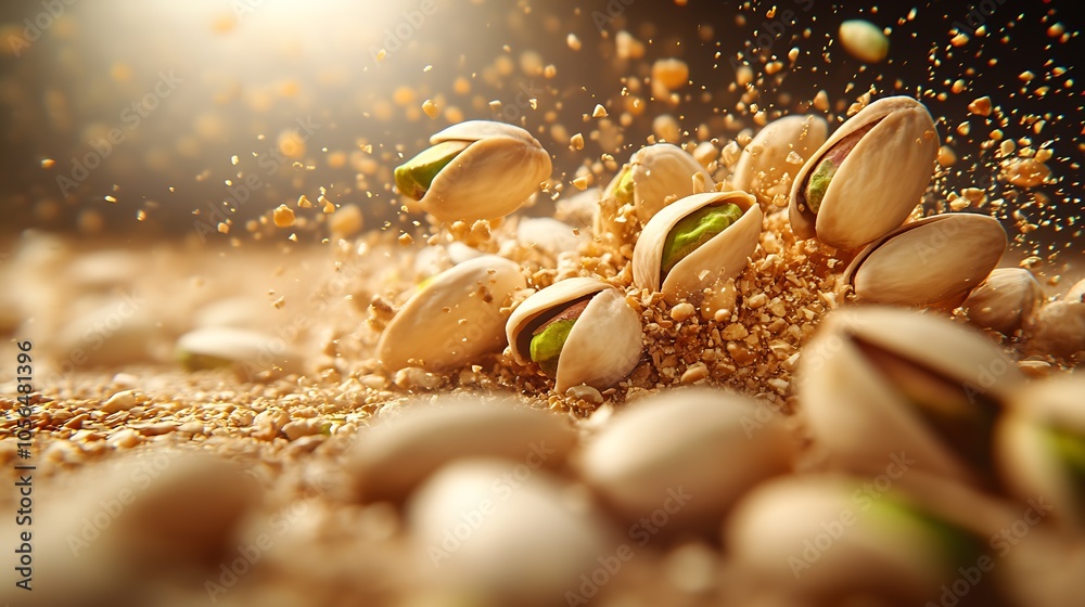 Poster macro shot of pistachios bursting energy with crushed shells : generative ai