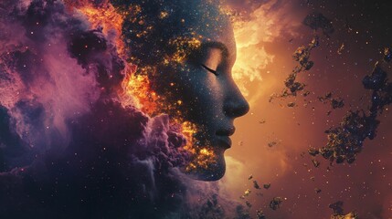 Abstract portrait of a human face with fire and smoke emanating from it.