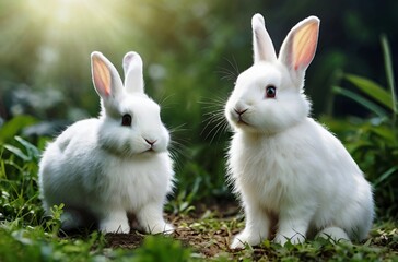 Obraz premium Twin White Bunny Babies - A Pair of Perfect, Precious Furballs