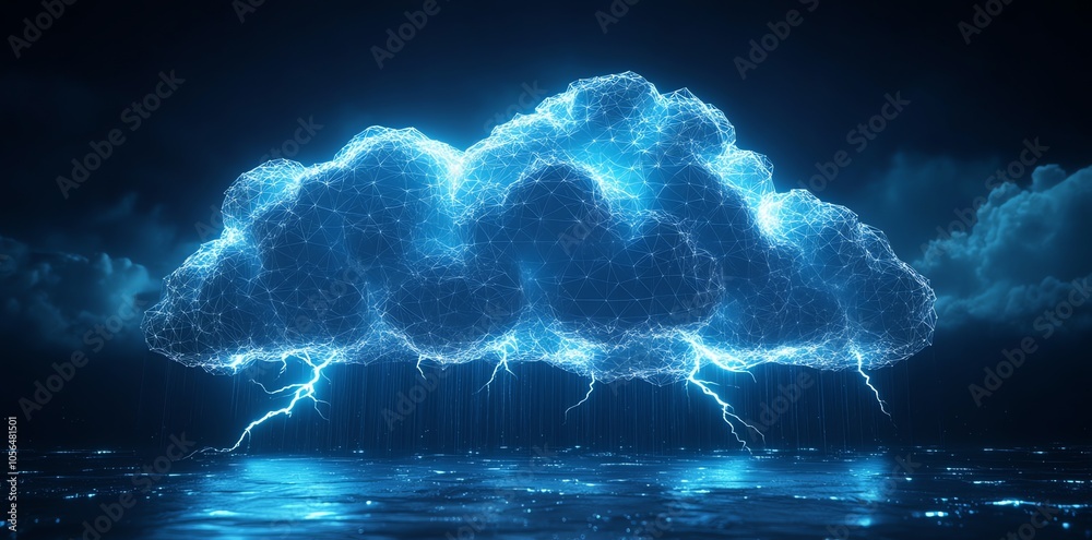 Poster abstract digital cloud with lightning strikes and rain.
