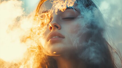 A young woman with her eyes closed, surrounded by a fiery glow, creating a mystical and ethereal atmosphere.