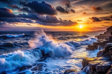 Fototapeta premium Dark navy blue waves crashing against a rocky coastline at sunset, nautical photography, ocean waves, coastal scenery, sea spray
