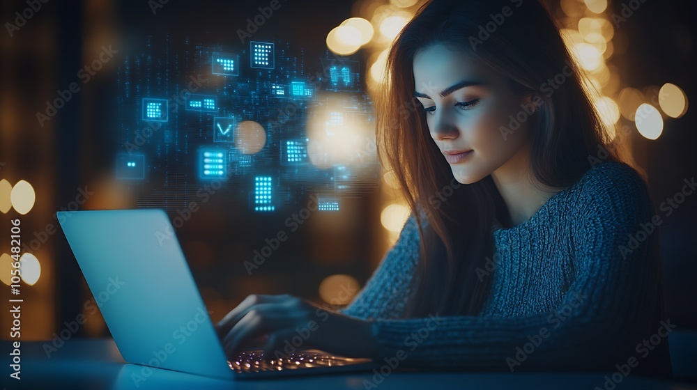 Poster Woman engaged in data processing on laptop with holographic interface in cozy evening setup : Generative AI