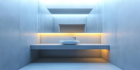 Fototapeta premium A bathroom with a sink and a mirror. The sink is white and the mirror is also white. The bathroom is very clean and has a modern look