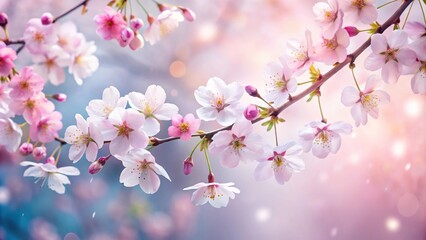 Obraz premium Delicate cherry blossoms gently falling from a blooming tree branch, watercolor painting, colorful flowers, botanical art, watercolor flowers