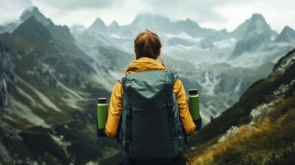 Solo Female Backpacker on a Journey Through Majestic Mountainous Terrain : Generative AI