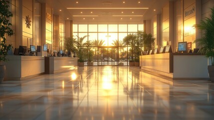Fototapeta premium Bright lobby with modern design and sunlight streaming through.