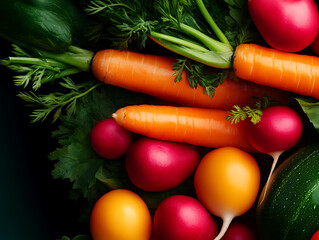 Fresh assorted vegetables on dark surface, vibrant colors, healthy eating concept.