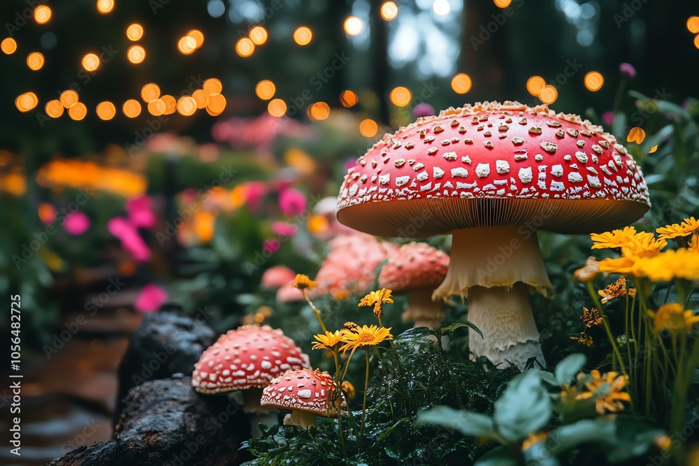 Poster a cluster of red and white spotted mushrooms surrounded by yellow and pink flowers in a lush green f