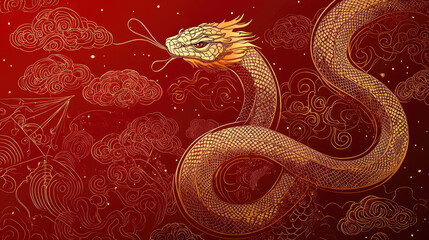 Fototapeta premium Snakes weaving through clouds, red lanterns, Chinese New Year