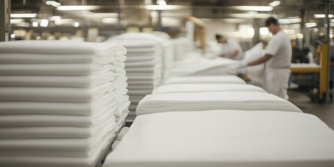 Fototapeta premium Textile Factory Workers Organizing White Fabric in Modern Production Line : Generative AI