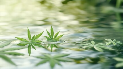 Obraz premium Close-up of fresh green leaves floating serenely on water, reflecting light in a calm, natural setting. Perfect for nature and zen themes.