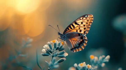 Obraz premium Beautiful butterfly with orange and black wings perched on a white flower with a soft, golden glow in the background.