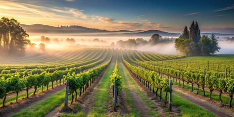 Naklejka premium Early morning mist over a vineyard landscape with rows of grapevines, farm, winemaking