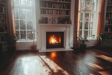 Fototapeta premium A cozy living room with a fireplace, bookshelves, and windows