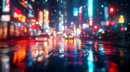 Rainy Night Cityscape with Neon Lights Reflection Abstract Background