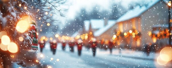 Blurred holiday scene of carolers singing on a snowy street, with softly blurred holiday lights and decorations on nearby houses