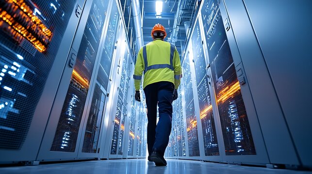 Skyscraper under construction, an engineer walking through exposed wiring and electrical panels, checking blueprint accuracy against installed systems