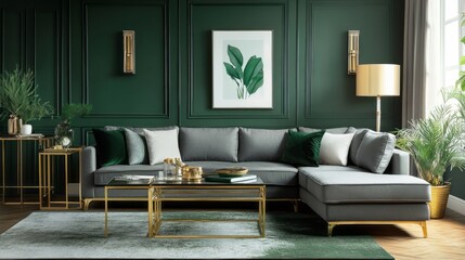 A living room with dark green walls, a gray sectional sofa, and gold accents on the coffee table and lamps for a luxurious contemporary feel