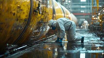 Engineers in hazmat suits inspecting large chemical vats, ensuring safe migration of processes and smooth production flow, close-up shot