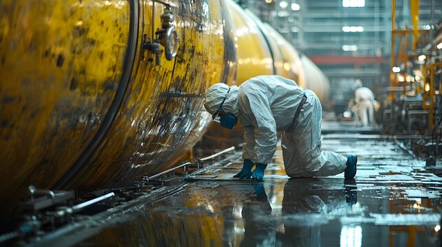 Engineers in hazmat suits inspecting large chemical vats, ensuring safe migration of processes and smooth production flow, close-up shot