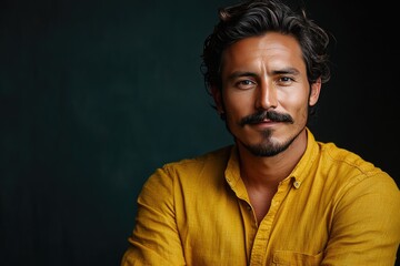 Obraz premium Confident Man in Yellow Shirt with Mustache Against Dark Background in Studio Portrait