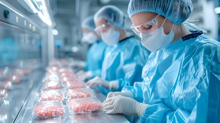 Engineers in a high-tech packaging facility inspecting automated machines wrapping consumer electronics, ensuring precision and secure packaging