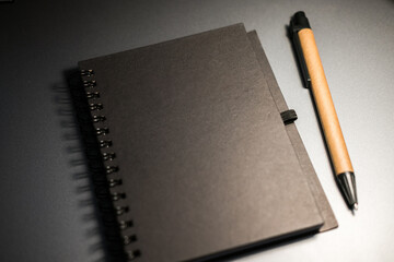 A closed spiral notebook with a black matte cover lies beside a simple eco-friendly pen, set against a smooth surface. A minimalist setup ready for new ideas.