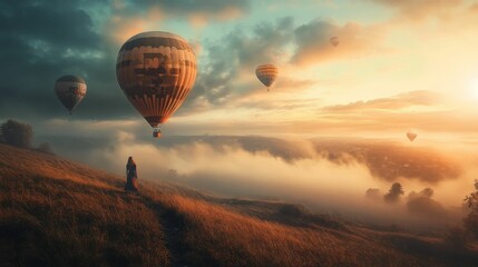 Naklejka premium Silhouette of a woman watching hot air balloons flying over a vast landscape at sunset.