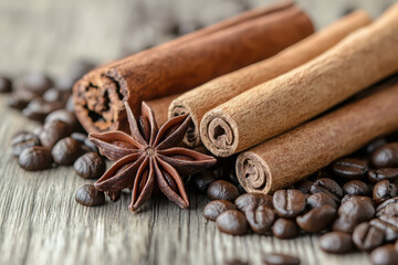 A close-up of cinnamon sticks, star anise, and coffee beans on a wooden surface.