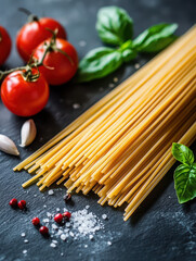 A vibrant arrangement of spaghetti, fresh tomatoes, basil, and garlic on a dark surface.
