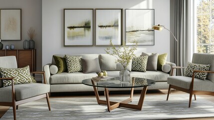 A living room with light gray walls, a modular gray sofa, and sage green accent chairs with wooden legs