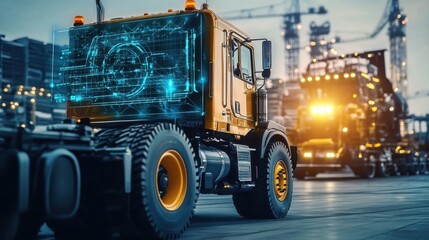 Double exposure of modern yellow truck with digital interface. Transportation and logistics concept.