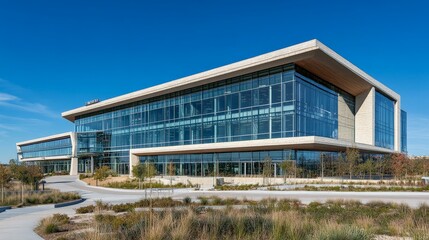 Obraz premium Modern Angular Office Building Against Blue Sky