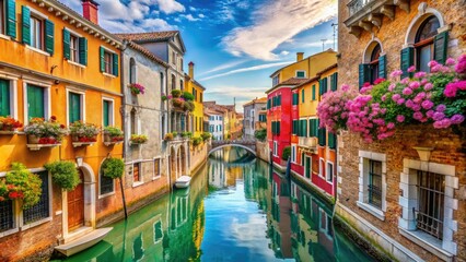 Obraz premium Venetian buildings burst with color along a canal, adorned with vibrant flowers, highlighting the enchanting charm and distinctive Italian architecture of this picturesque setting.