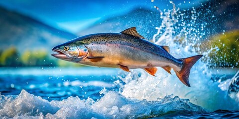 A breathtaking salmon leaps from the water, capturing the essence of dynamic nature photography. Experience vibrant colors and thrilling wildlife action in this aquatic adventure.