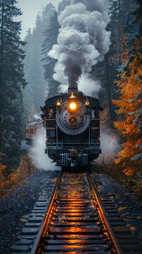 Steam Train Chugging Through Autumn Forest