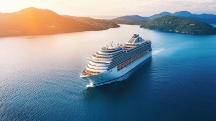 Cruise ship in the sea at sunset. Aerial view of luxury cruise liner in the sea.