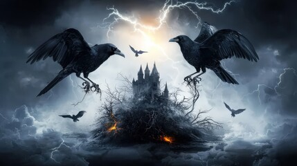 Fototapeta premium A crumbling castle with crows and vines under an ominous stormy sky, resembling a haunted fairy-tale setting