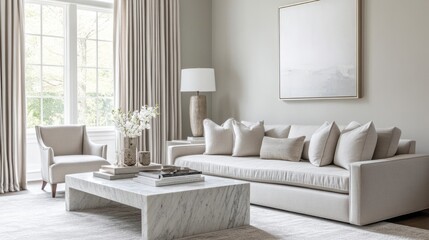 A living room with light grey walls, a beige loveseat, and grey curtains, complemented by a neutral beige area rug