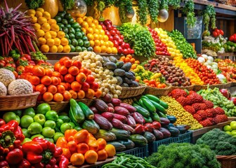Vibrant array of fresh fruits, vegetables, and grocery products showcased in a welcoming market atmosphere, enticing shoppers to explore and indulge in healthy choices.