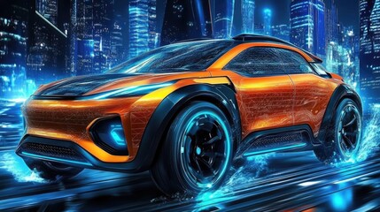 Obraz premium Futuristic Electric Car Racing in Neon-Lit Cityscape at Night