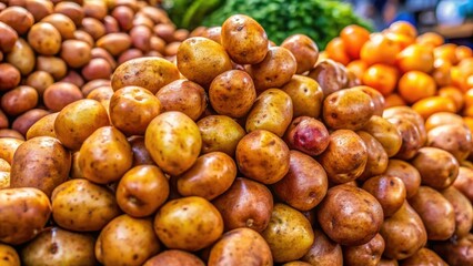 Vibrant brown potatoes are artfully arranged at a market stall, inviting shoppers for purchase and inspiring culinary creativity in home cooking. Freshness and flavor await!
