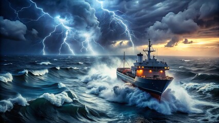 A ship struggles against stormy seas at night, surrounded by turbulent waters and dark skies, showcasing nature's fury in a dramatic maritime adventure.