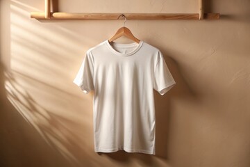 A simple white t-shirt hangs elegantly in a minimalist room, offering ample copy space. Ideal for fashion marketing, e-commerce, retail display, and clothing photography.