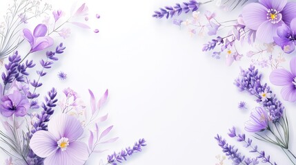 Fototapeta premium A delicate light watercolor wreath featuring soft lavender sprigs on a white background, creating a charming and natural frame, ideal for cards and invitations
