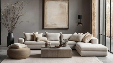 A living room with soft grey walls, a beige sofa, and a grey ottoman, accented by light beige throw pillows and natural wood decor elements
